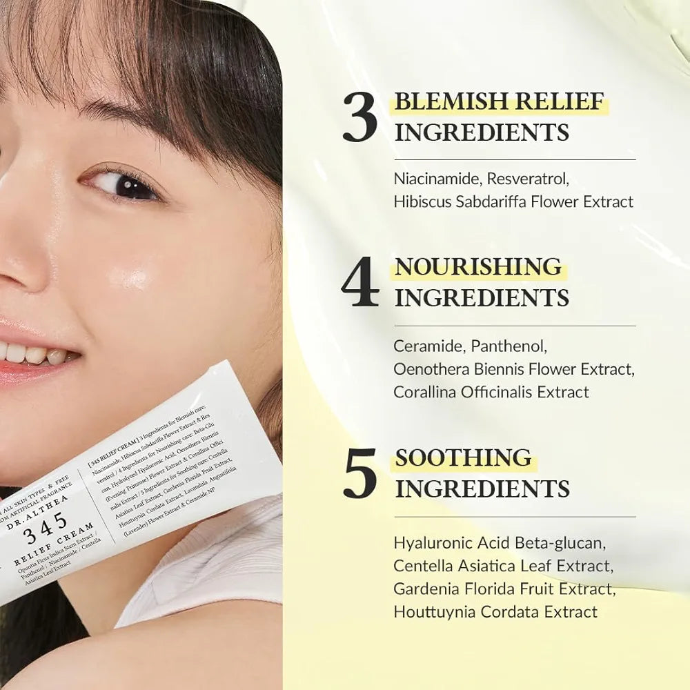 Dr.Althea 345 Relief Cream, Daily Face Moisturizer, Blemish Relief Care, Soothing Recovery & Moisture, Korean Vegan Skin Care for All Skin Types, 1.69 Fl Oz