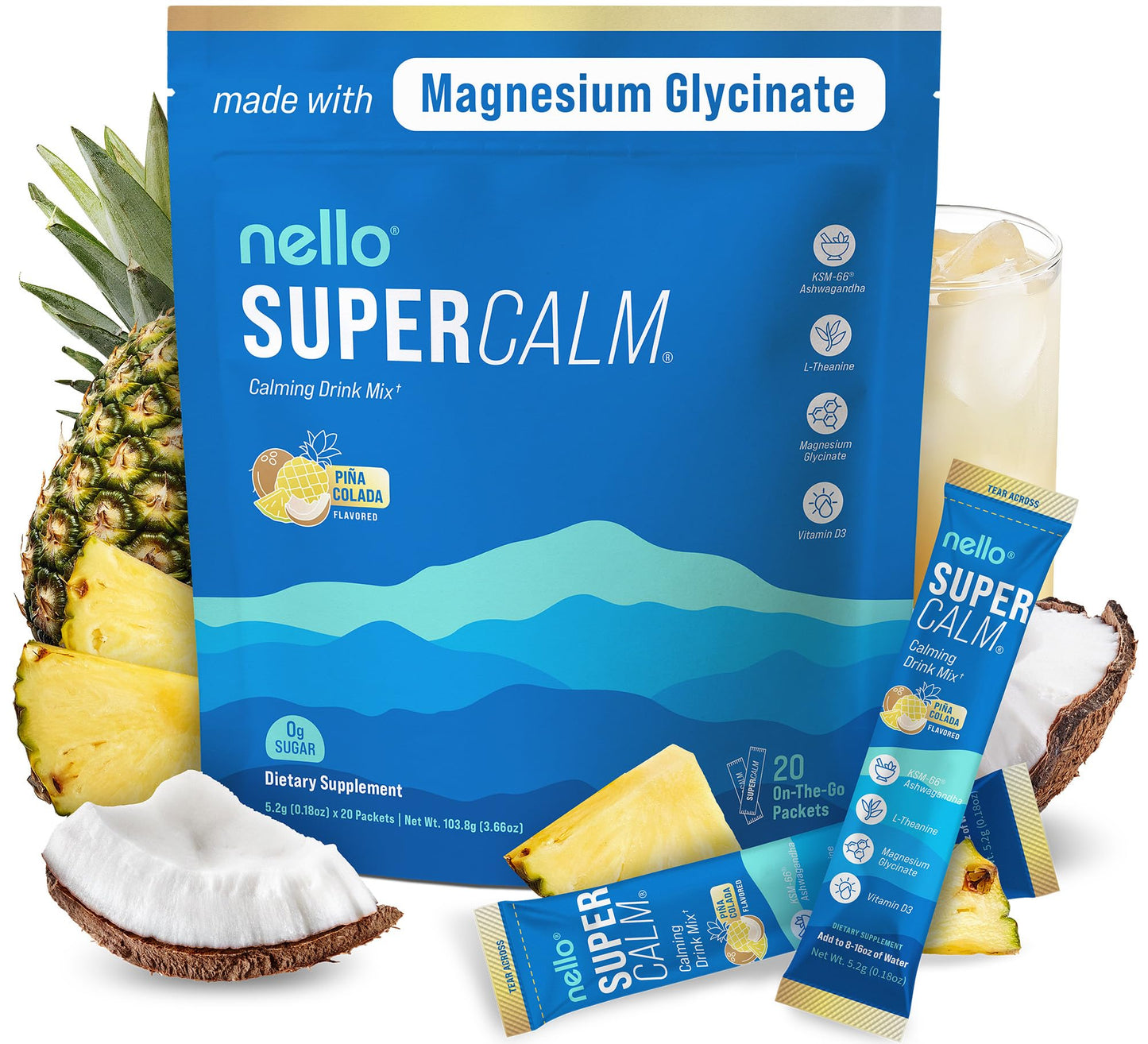 Supercalm Powdered Drink Mix, Raspberry Lemonade, L Theanine, Ksm-66 Ashwagandha, Magnesium Glycinate, Vitamin D 3, Supplements for Relaxation & Focus, No Sugar, Non GMO, On The Go, 20 Ct