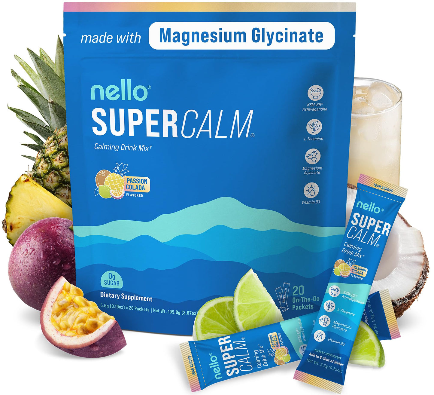 Supercalm Powdered Drink Mix, Raspberry Lemonade, L Theanine, Ksm-66 Ashwagandha, Magnesium Glycinate, Vitamin D 3, Supplements for Relaxation & Focus, No Sugar, Non GMO, On The Go, 20 Ct