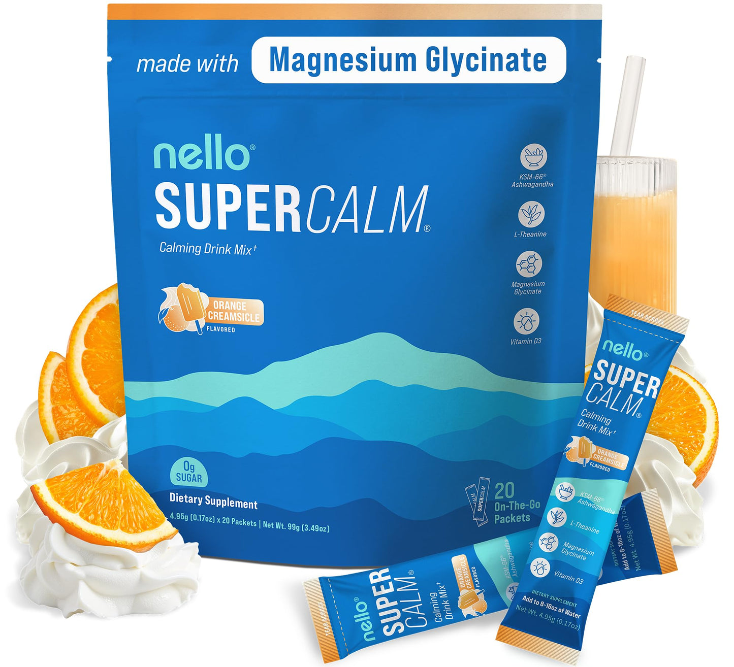 Supercalm Powdered Drink Mix, Raspberry Lemonade, L Theanine, Ksm-66 Ashwagandha, Magnesium Glycinate, Vitamin D 3, Supplements for Relaxation & Focus, No Sugar, Non GMO, On The Go, 20 Ct