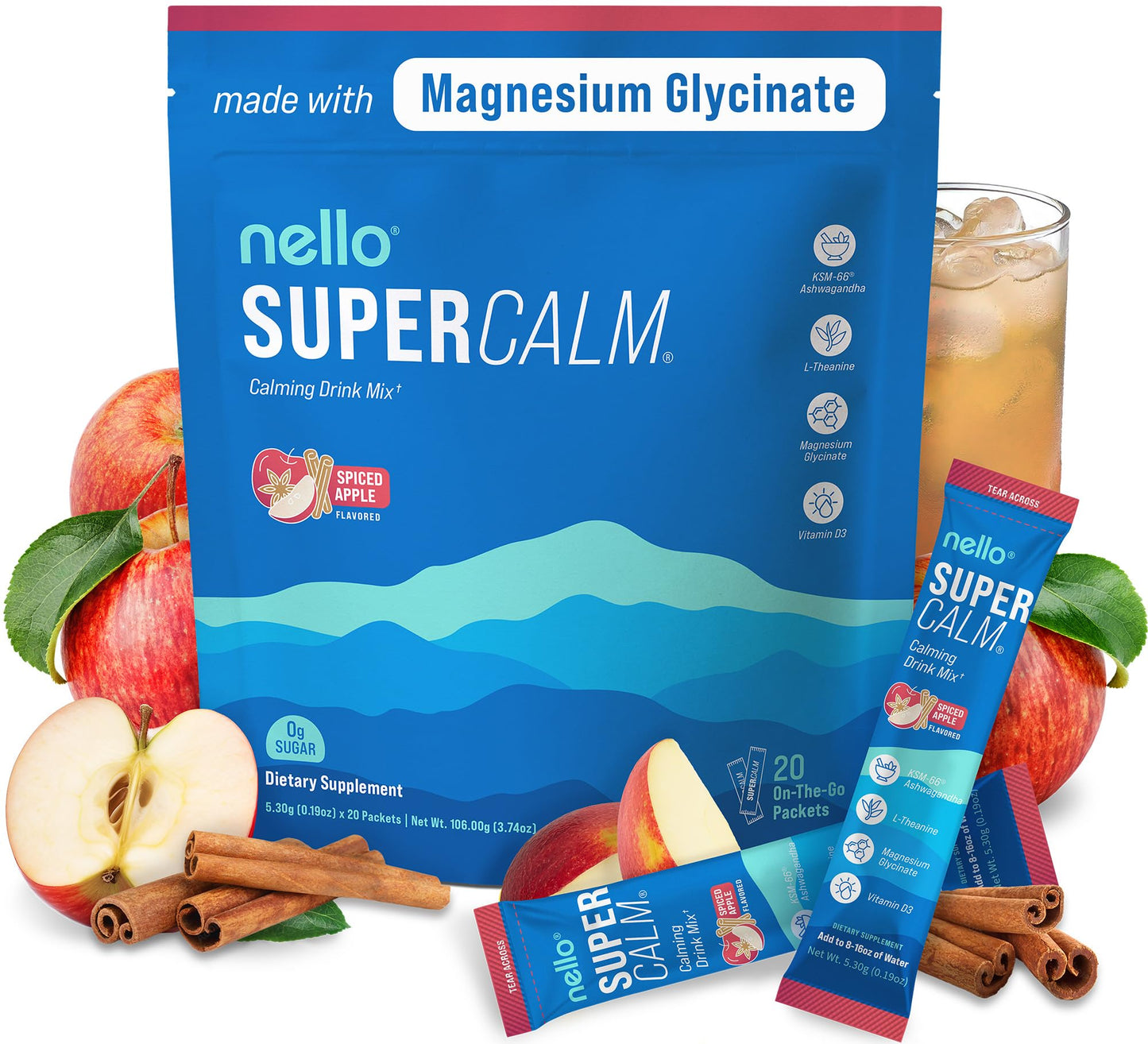 Supercalm Powdered Drink Mix, Raspberry Lemonade, L Theanine, Ksm-66 Ashwagandha, Magnesium Glycinate, Vitamin D 3, Supplements for Relaxation & Focus, No Sugar, Non GMO, On The Go, 20 Ct