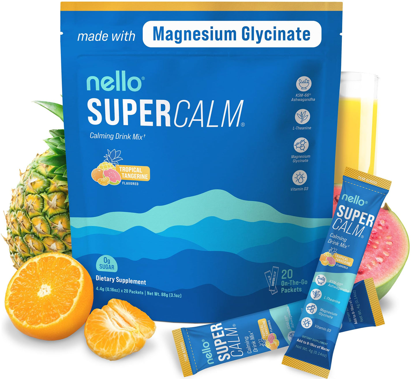 Supercalm Powdered Drink Mix, Raspberry Lemonade, L Theanine, Ksm-66 Ashwagandha, Magnesium Glycinate, Vitamin D 3, Supplements for Relaxation & Focus, No Sugar, Non GMO, On The Go, 20 Ct
