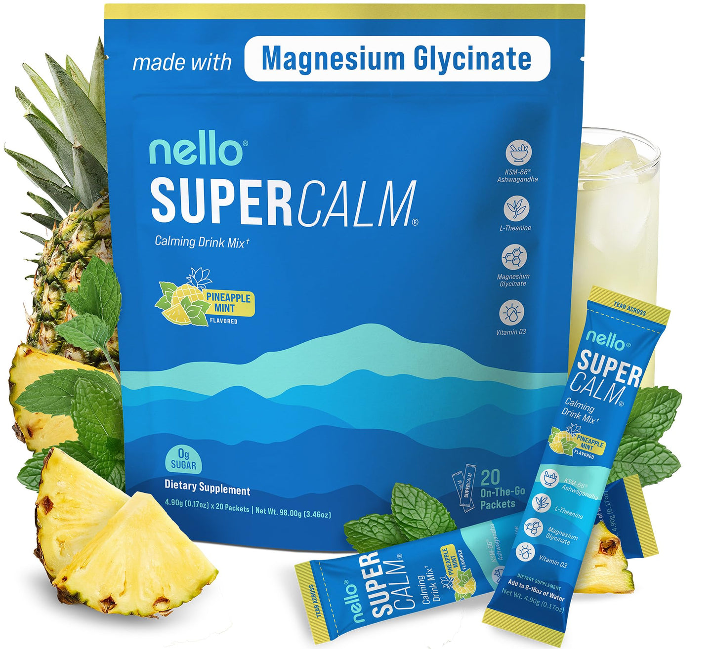 Supercalm Powdered Drink Mix, Raspberry Lemonade, L Theanine, Ksm-66 Ashwagandha, Magnesium Glycinate, Vitamin D 3, Supplements for Relaxation & Focus, No Sugar, Non GMO, On The Go, 20 Ct
