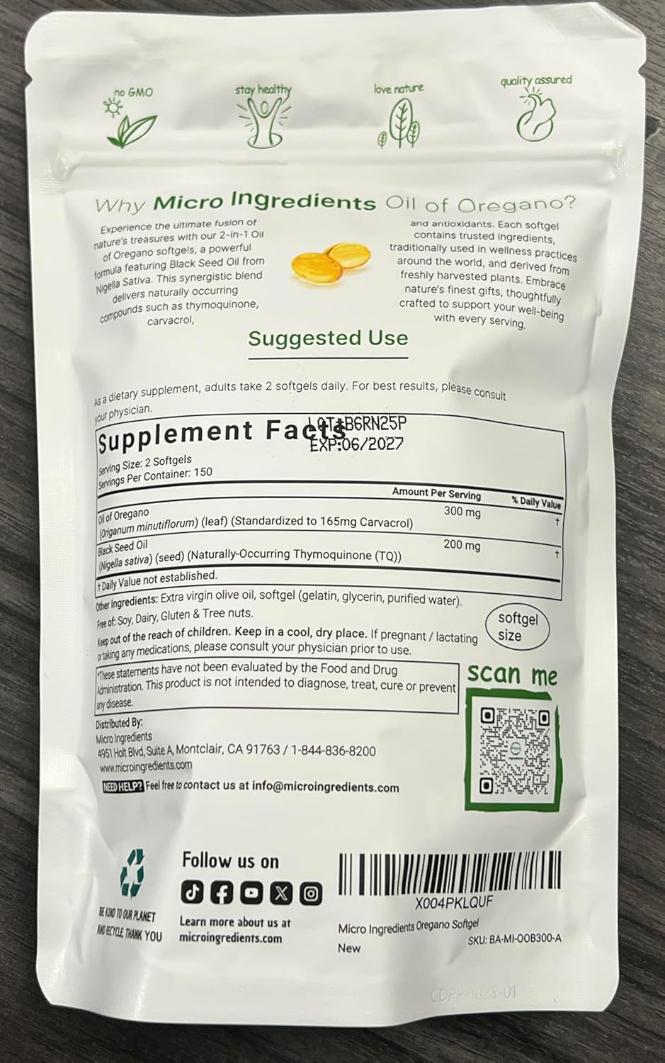 Micro Ingredients Oil of Oregano Softgels, 300 Count | 2 in 1 Formulated with Black Seed Oil, 4X Strength Carvacrol & Thymoquinone | Plant Based, Non-GMO, & Immune Support