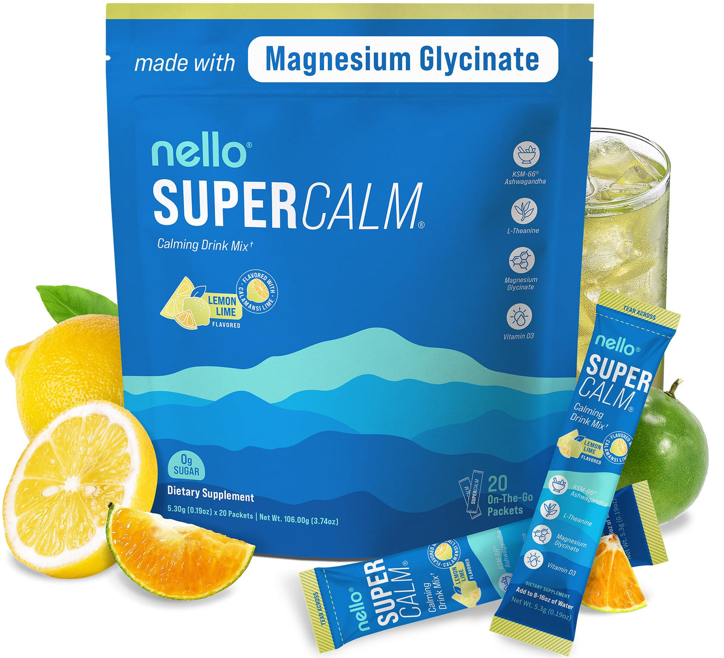 Supercalm Powdered Drink Mix, Raspberry Lemonade, L Theanine, Ksm-66 Ashwagandha, Magnesium Glycinate, Vitamin D 3, Supplements for Relaxation & Focus, No Sugar, Non GMO, On The Go, 20 Ct