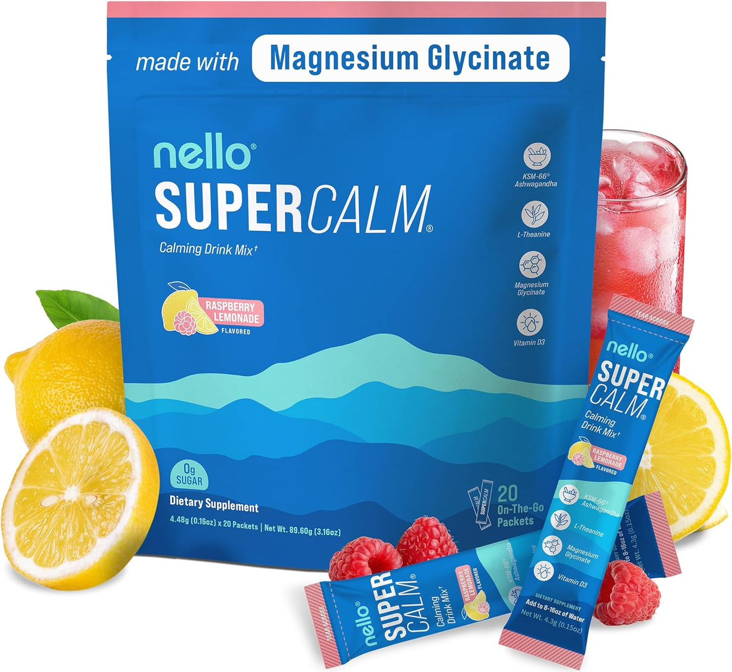 Supercalm Powdered Drink Mix, Raspberry Lemonade, L Theanine, Ksm-66 Ashwagandha, Magnesium Glycinate, Vitamin D 3, Supplements for Relaxation & Focus, No Sugar, Non GMO, On The Go, 20 Ct