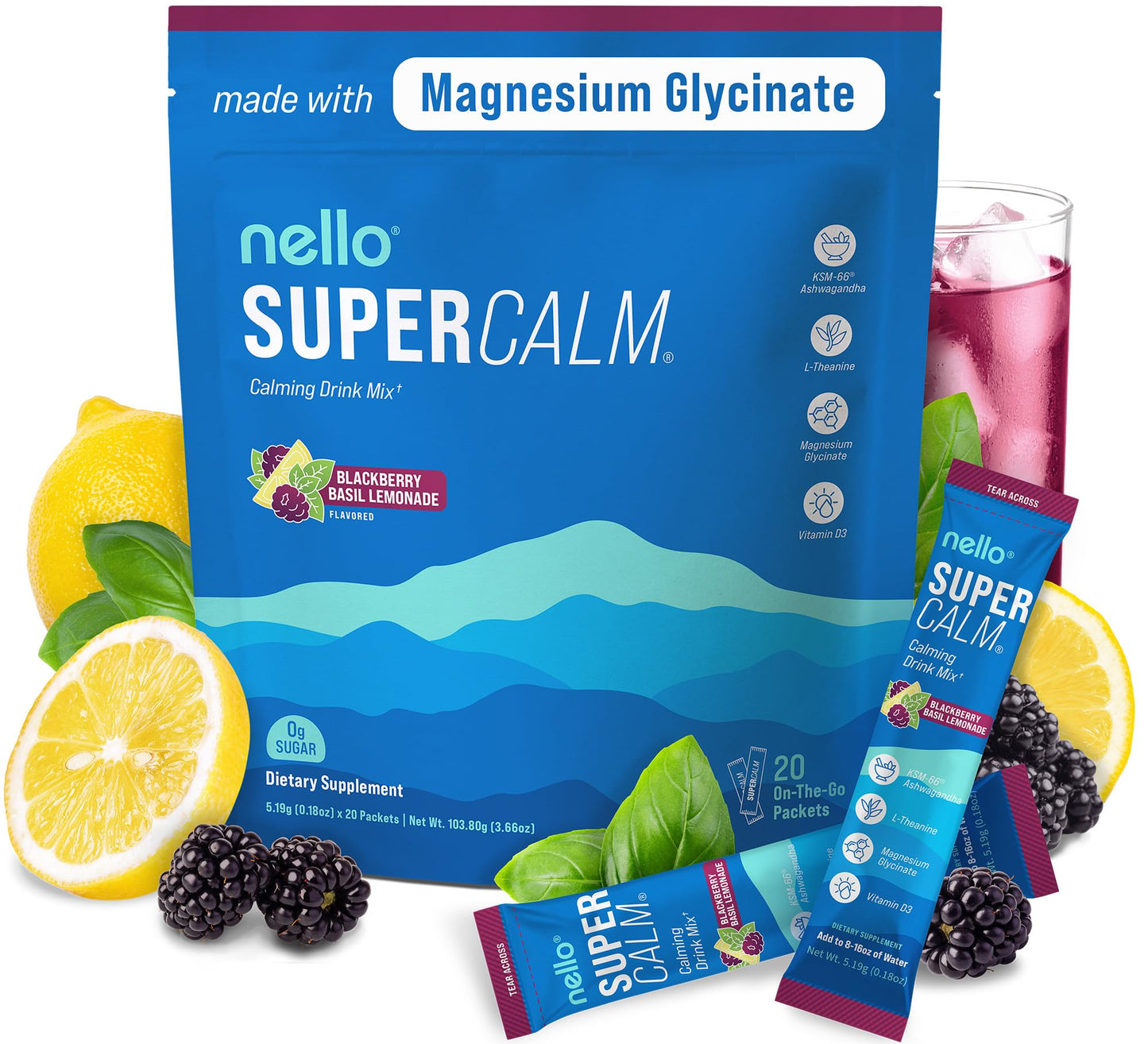 Supercalm Powdered Drink Mix, Raspberry Lemonade, L Theanine, Ksm-66 Ashwagandha, Magnesium Glycinate, Vitamin D 3, Supplements for Relaxation & Focus, No Sugar, Non GMO, On The Go, 20 Ct