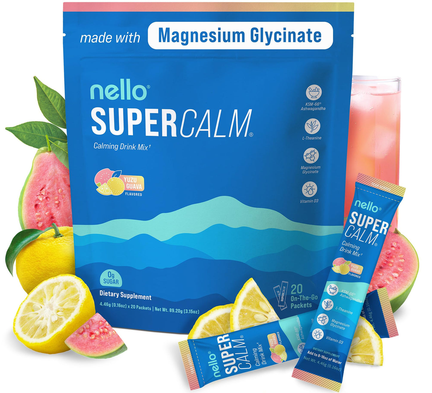 Supercalm Powdered Drink Mix, Raspberry Lemonade, L Theanine, Ksm-66 Ashwagandha, Magnesium Glycinate, Vitamin D 3, Supplements for Relaxation & Focus, No Sugar, Non GMO, On The Go, 20 Ct