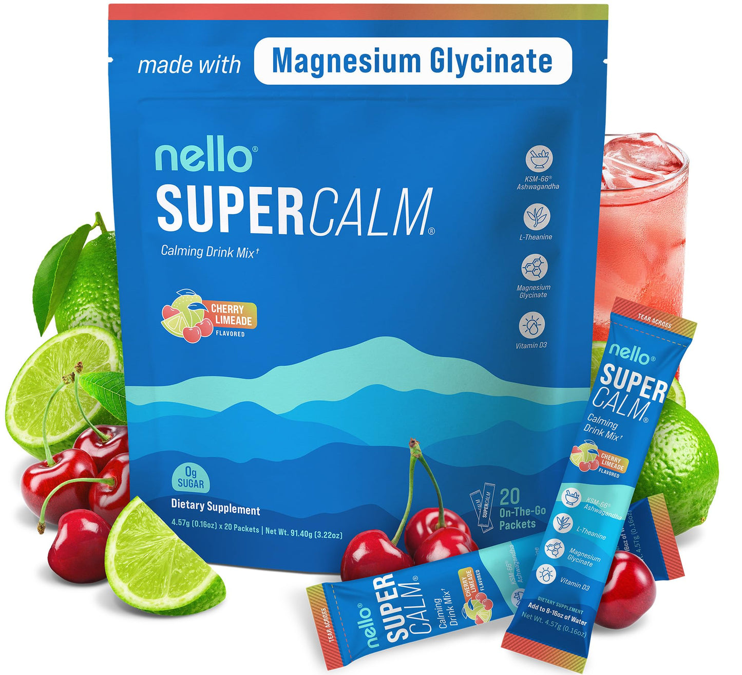 Supercalm Powdered Drink Mix, Raspberry Lemonade, L Theanine, Ksm-66 Ashwagandha, Magnesium Glycinate, Vitamin D 3, Supplements for Relaxation & Focus, No Sugar, Non GMO, On The Go, 20 Ct