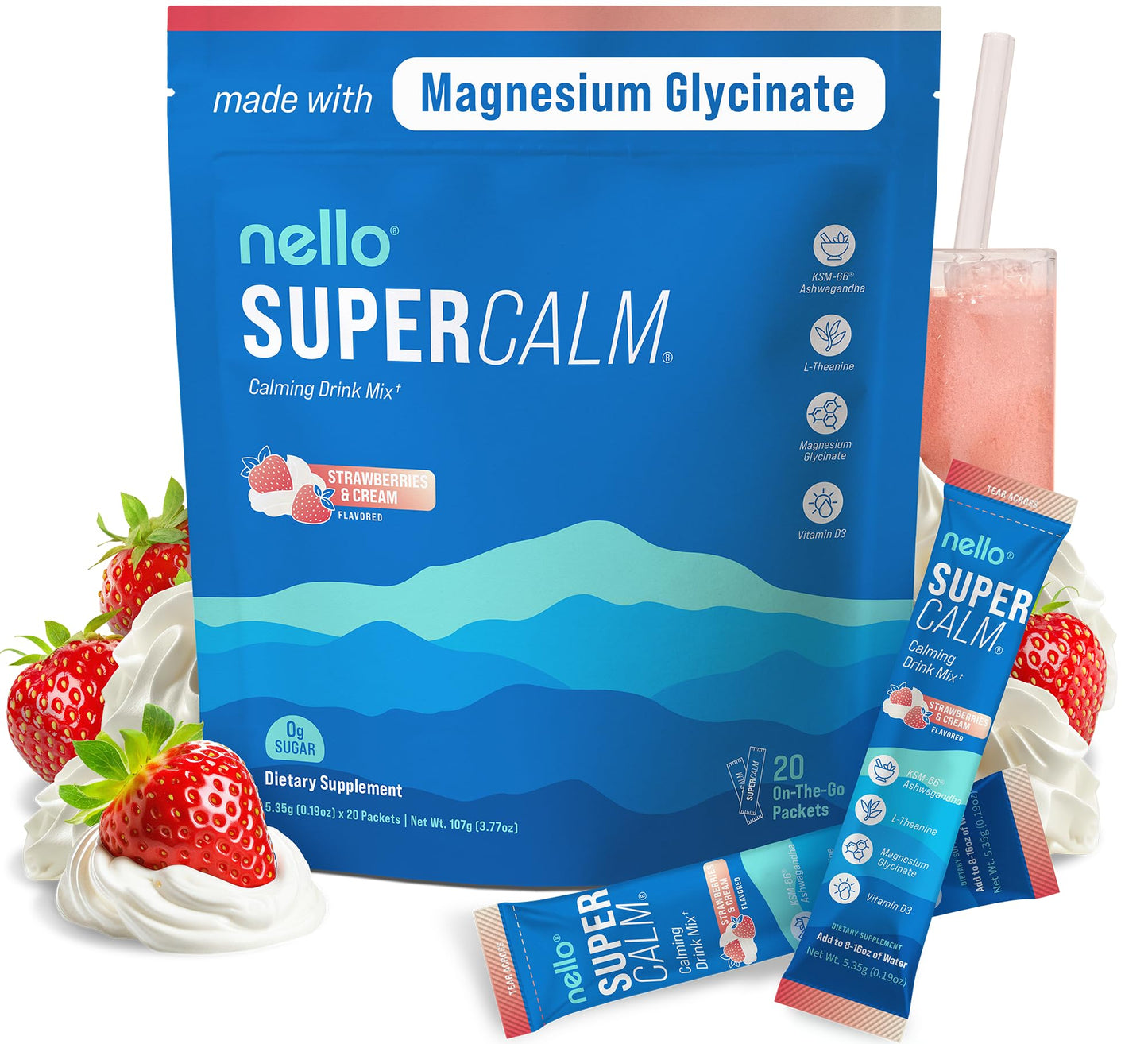 Supercalm Powdered Drink Mix, Raspberry Lemonade, L Theanine, Ksm-66 Ashwagandha, Magnesium Glycinate, Vitamin D 3, Supplements for Relaxation & Focus, No Sugar, Non GMO, On The Go, 20 Ct