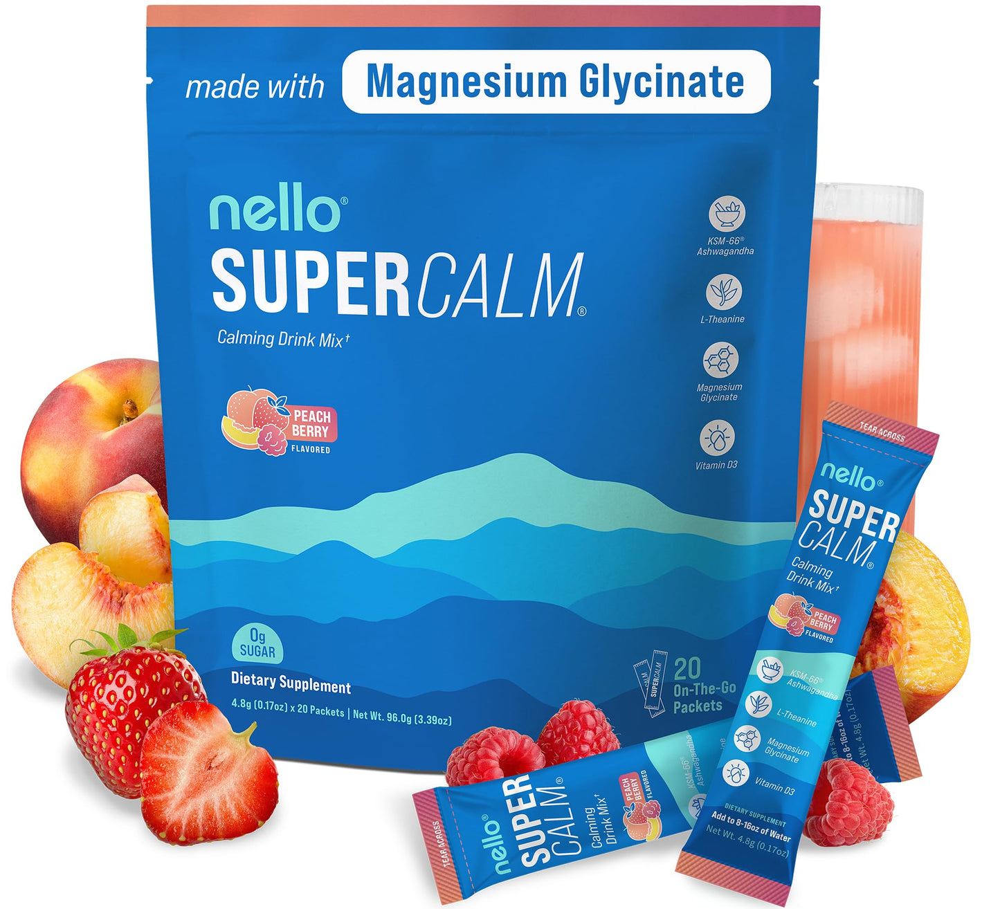 Supercalm Powdered Drink Mix, Raspberry Lemonade, L Theanine, Ksm-66 Ashwagandha, Magnesium Glycinate, Vitamin D 3, Supplements for Relaxation & Focus, No Sugar, Non GMO, On The Go, 20 Ct