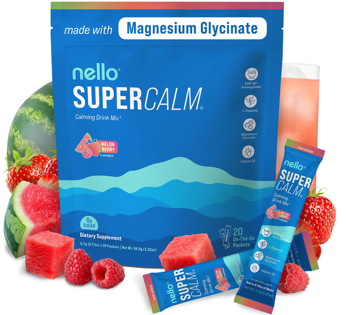 Supercalm Powdered Drink Mix, Raspberry Lemonade, L Theanine, Ksm-66 Ashwagandha, Magnesium Glycinate, Vitamin D 3, Supplements for Relaxation & Focus, No Sugar, Non GMO, On The Go, 20 Ct