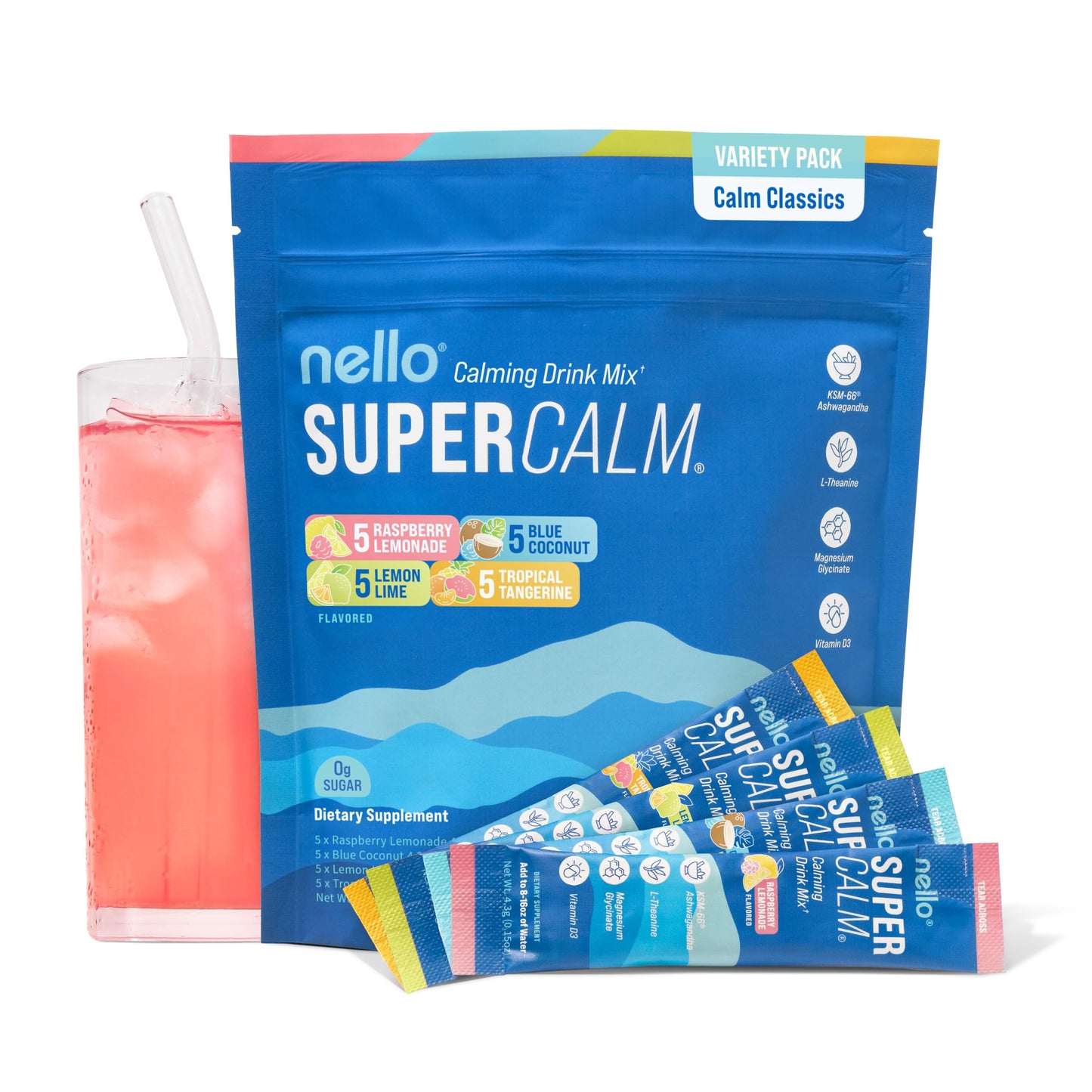 Supercalm Powdered Drink Mix, Raspberry Lemonade, L Theanine, Ksm-66 Ashwagandha, Magnesium Glycinate, Vitamin D 3, Supplements for Relaxation & Focus, No Sugar, Non GMO, On The Go, 20 Ct