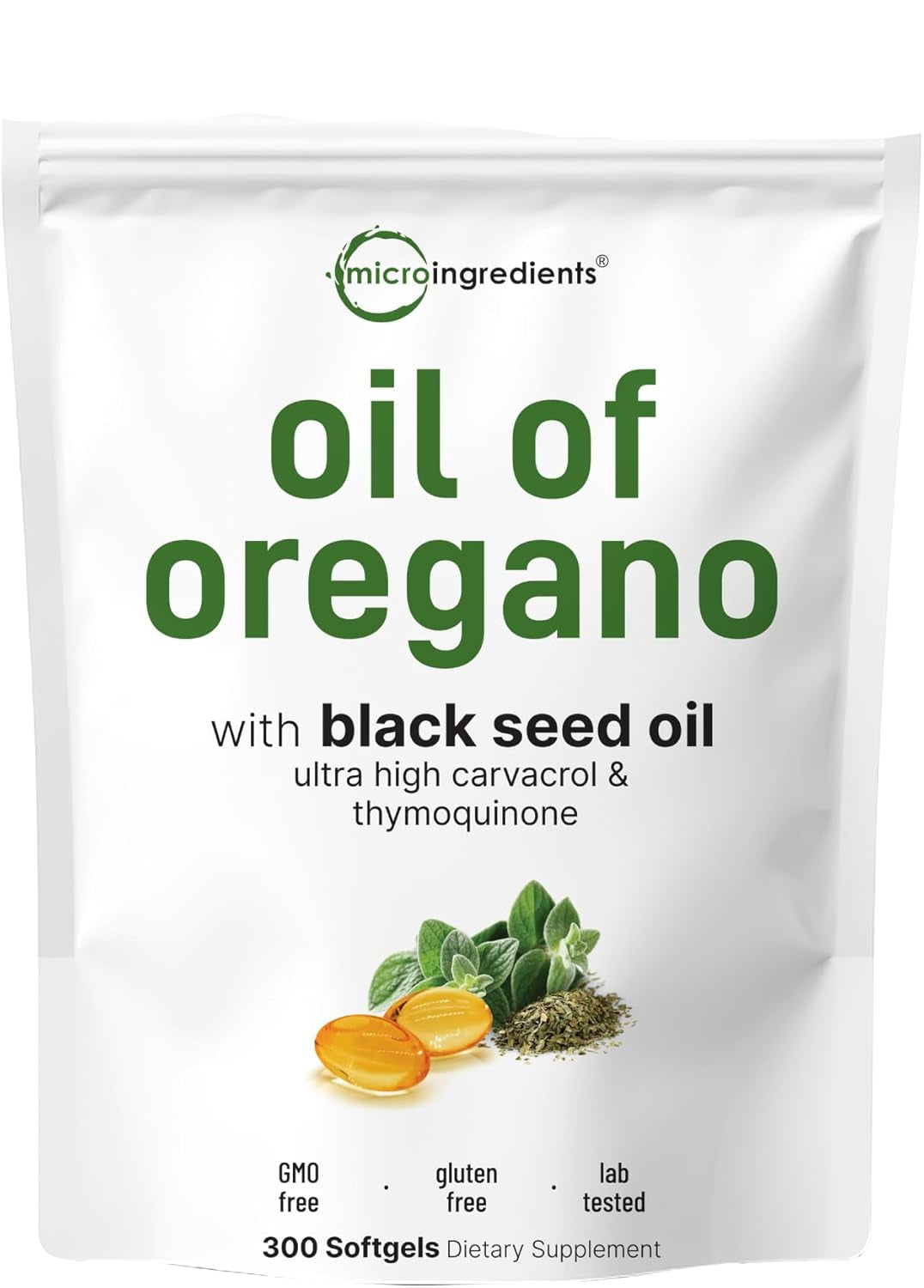 Micro Ingredients Oil of Oregano Softgels, 300 Count | 2 in 1 Formulated with Black Seed Oil, 4X Strength Carvacrol & Thymoquinone | Plant Based, Non-GMO, & Immune Support