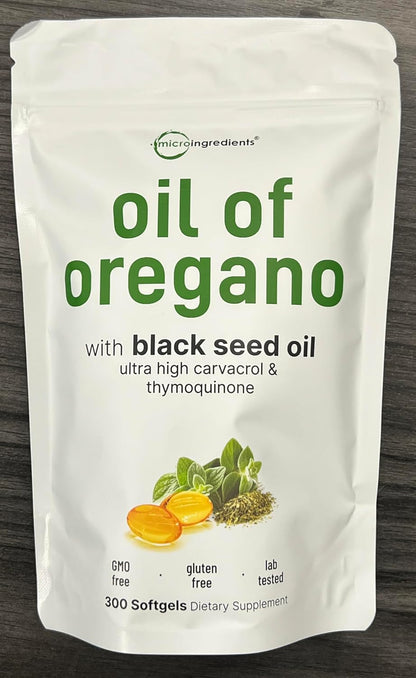 Micro Ingredients Oil of Oregano Softgels, 300 Count | 2 in 1 Formulated with Black Seed Oil, 4X Strength Carvacrol & Thymoquinone | Plant Based, Non-GMO, & Immune Support
