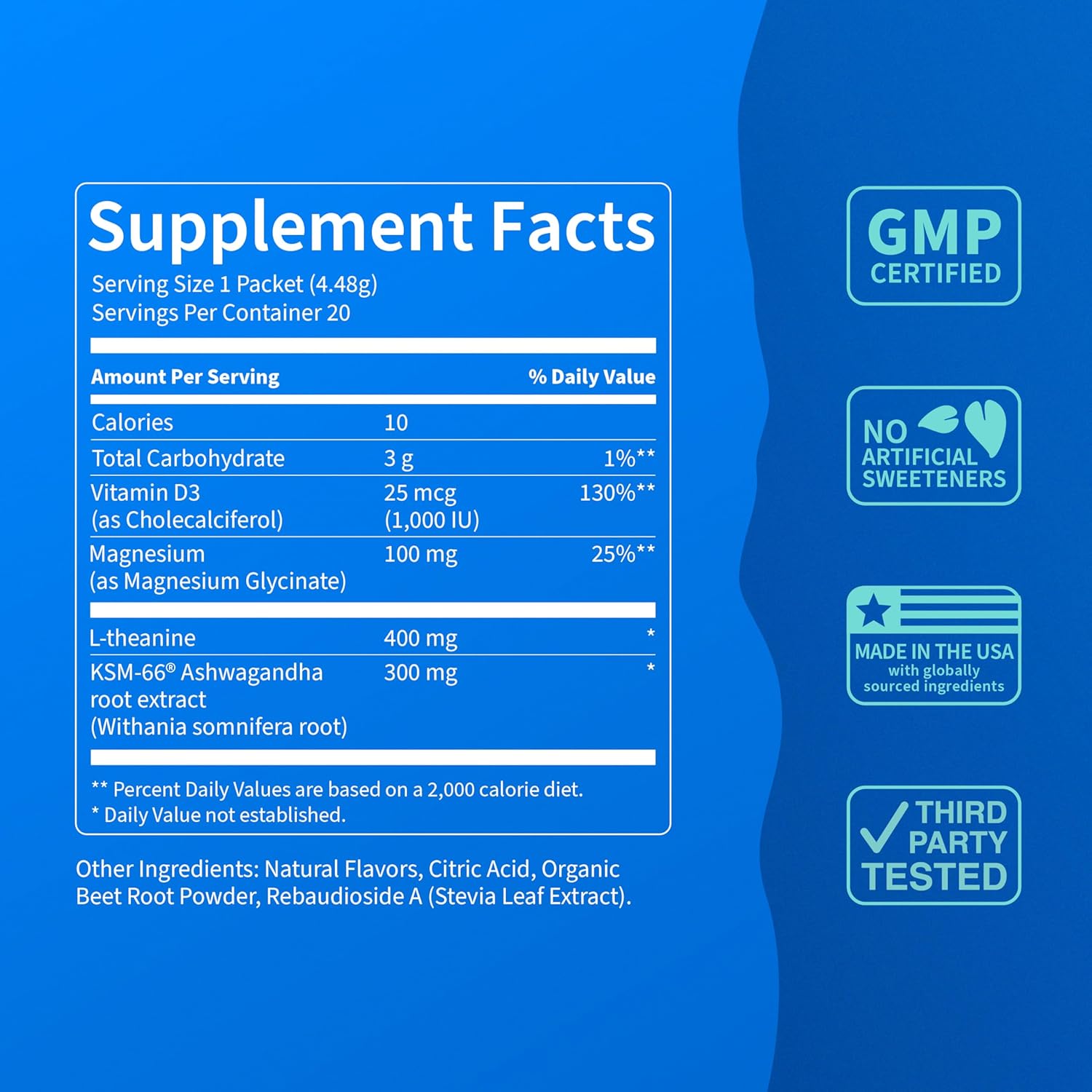 Supercalm Powdered Drink Mix, Raspberry Lemonade, L Theanine, Ksm-66 Ashwagandha, Magnesium Glycinate, Vitamin D 3, Supplements for Relaxation & Focus, No Sugar, Non GMO, On The Go, 20 Ct
