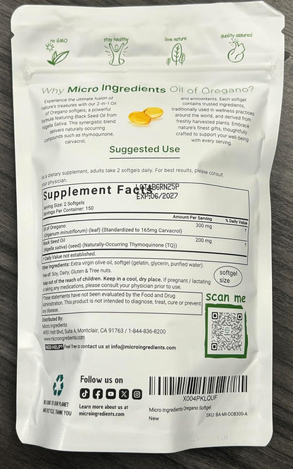 Micro Ingredients Oil of Oregano Softgels, 300 Count | 2 in 1 Formulated with Black Seed Oil, 4X Strength Carvacrol & Thymoquinone | Plant Based, Non-GMO, & Immune Support