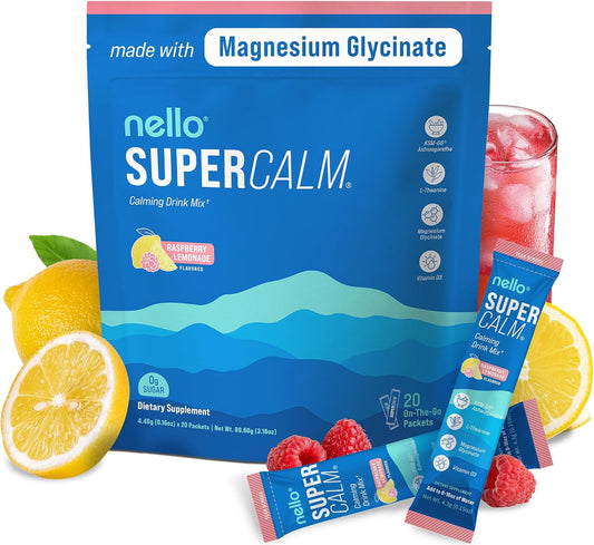 Supercalm Powdered Drink Mix, Raspberry Lemonade, L Theanine, Ksm-66 Ashwagandha, Magnesium Glycinate, Vitamin D 3, Supplements for Relaxation & Focus, No Sugar, Non GMO, On The Go, 20 Ct