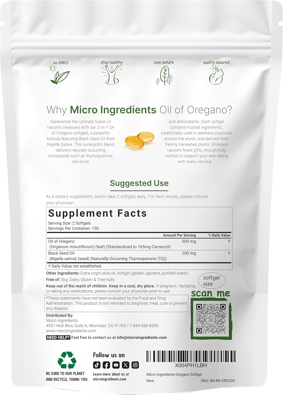 Micro Ingredients Oil of Oregano Softgels, 300 Count | 2 in 1 Formulated with Black Seed Oil, 4X Strength Carvacrol & Thymoquinone | Plant Based, Non-GMO, & Immune Support