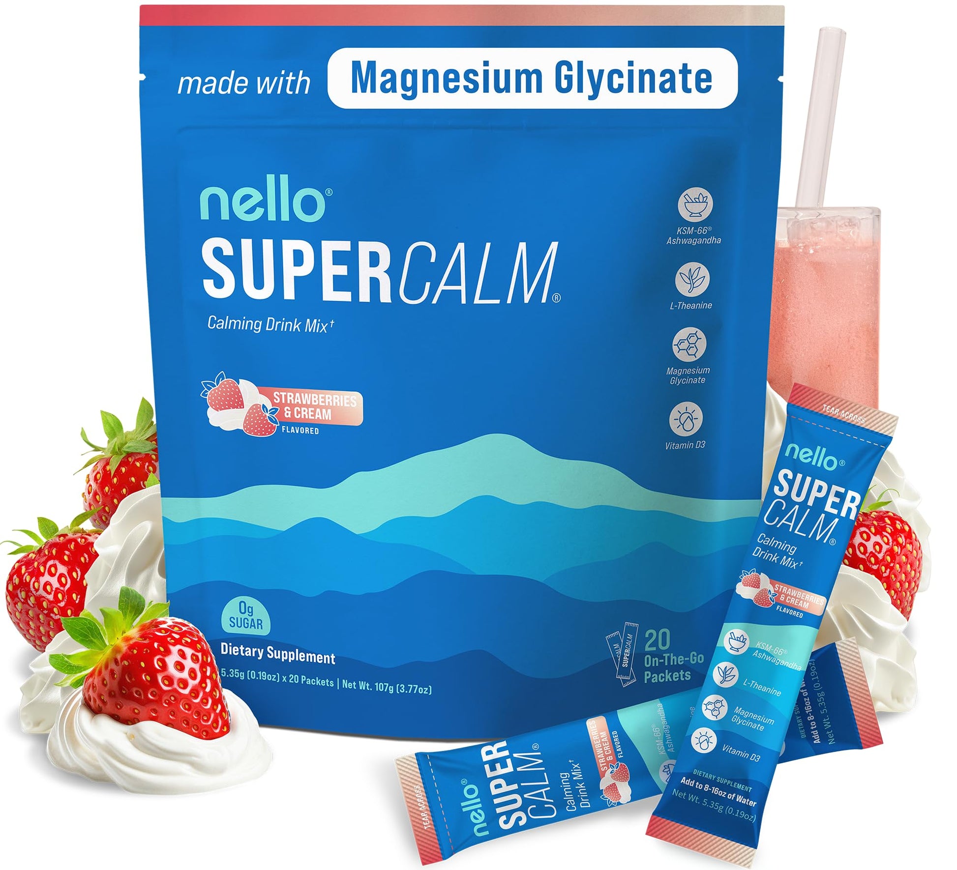Supercalm Powdered Drink Mix, Raspberry Lemonade, L Theanine, Ksm-66 Ashwagandha, Magnesium Glycinate, Vitamin D 3, Supplements for Relaxation & Focus, No Sugar, Non GMO, On The Go, 20 Ct