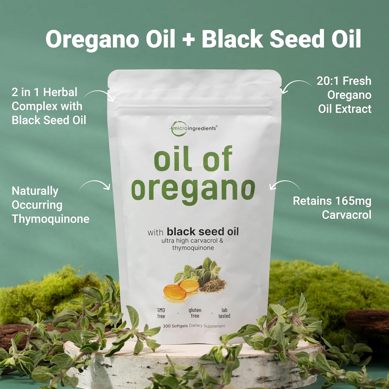 Micro Ingredients Oil of Oregano Softgels, 300 Count | 2 in 1 Formulated with Black Seed Oil, 4X Strength Carvacrol & Thymoquinone | Plant Based, Non-GMO, & Immune Support
