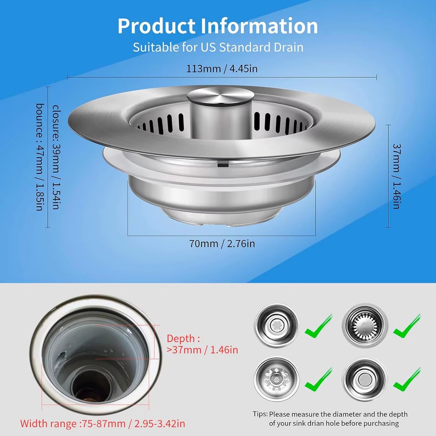 Premium Clog-Free Stainless Steel Sink Stopper & Strainer